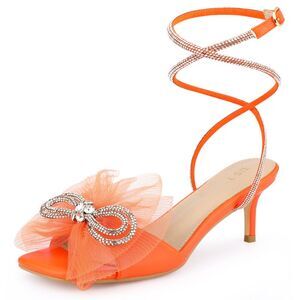 Sparkly Rhinestone Bow Square Toe Kitten Heel Sandals for Wedding Party, Orange